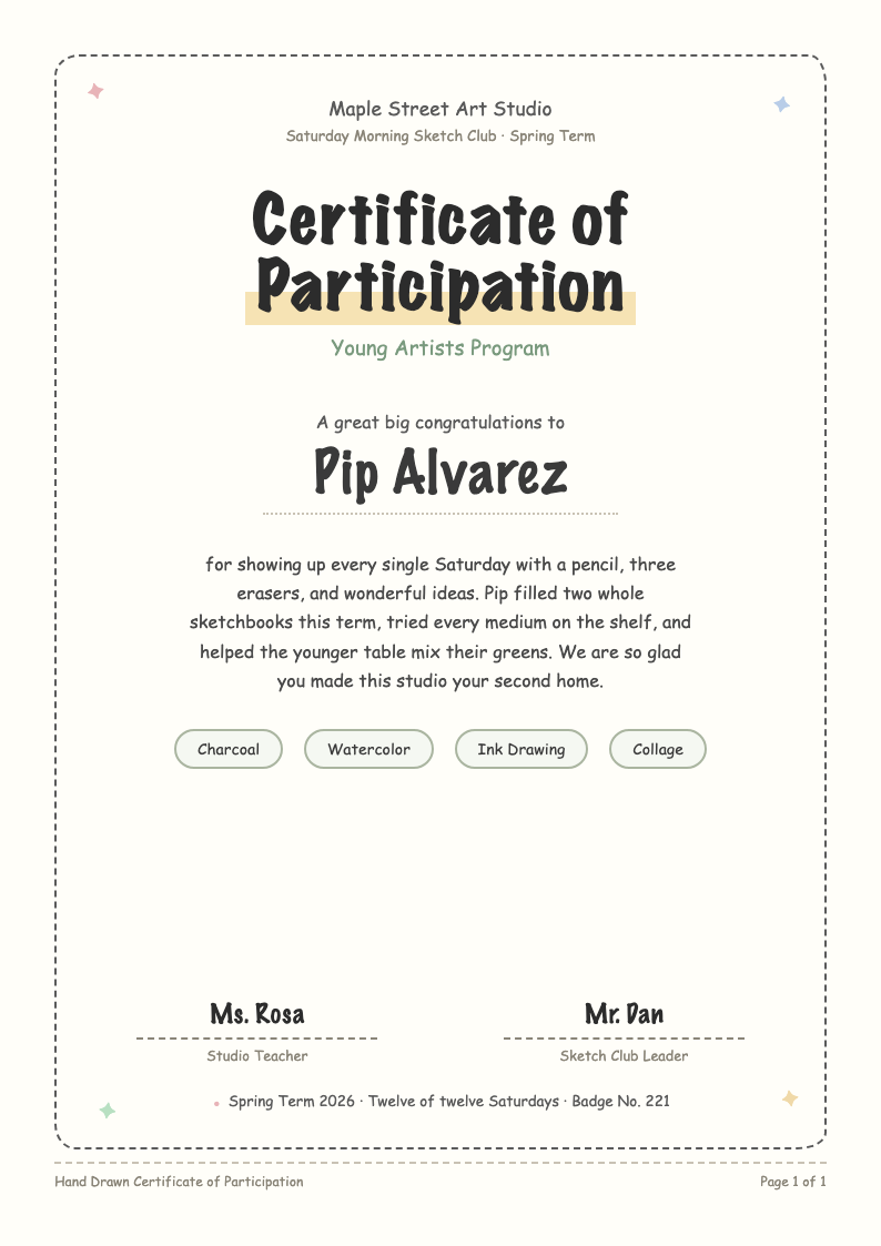 Hand drawn certificate